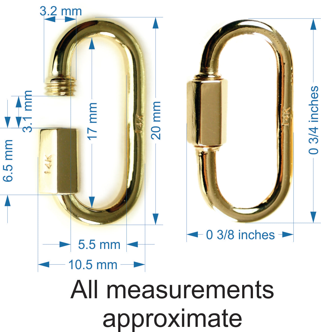 20 mm 14 karat gold quick link miniature lock carabiner Dimensions