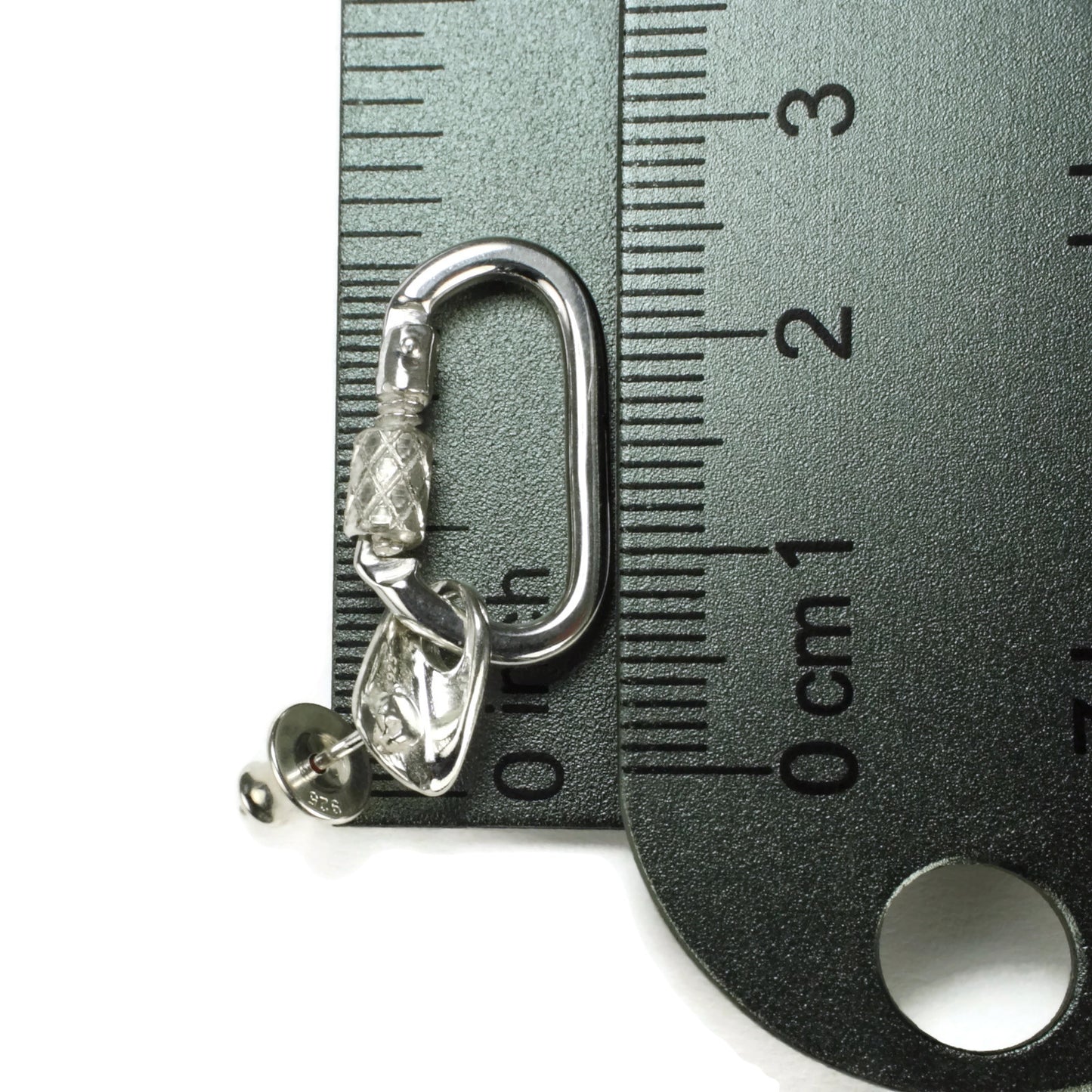 Bolt Hanger with Carabiner Miniature Post Earring Pair - Ruler view