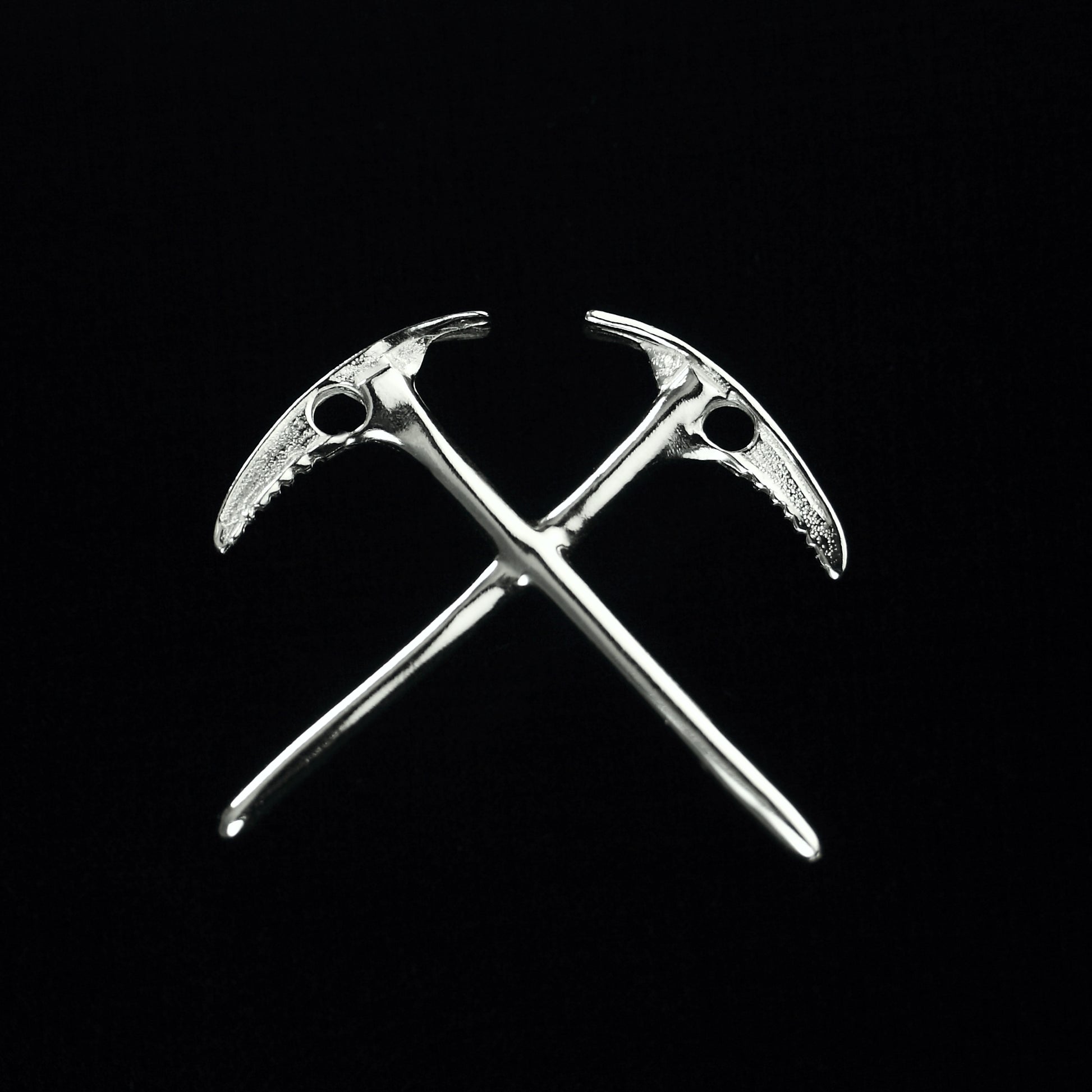 climbers crossed ice axe lapel pin sterling silver - front view - black background