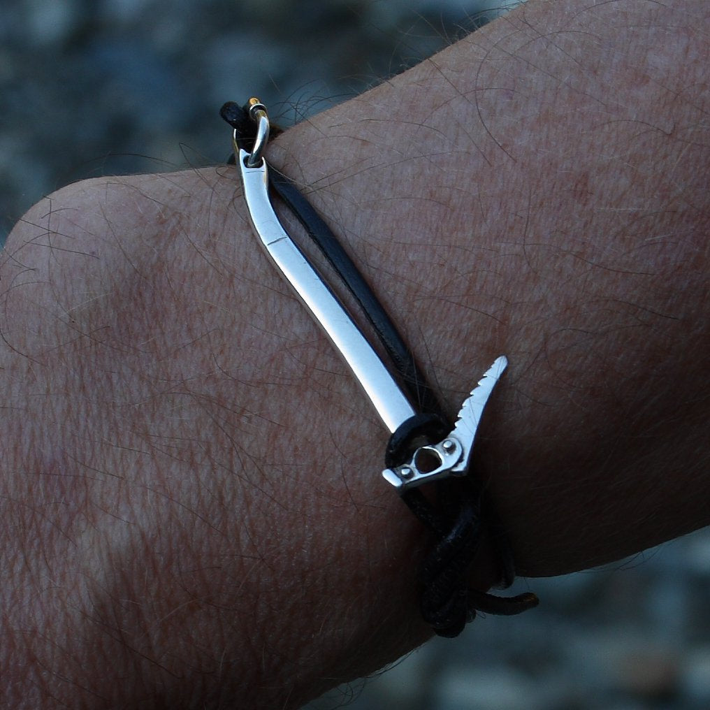 Ice Tool Ice Ax Knotted Leather Cord Bracelet - Handmade in sterling silver - Modeled