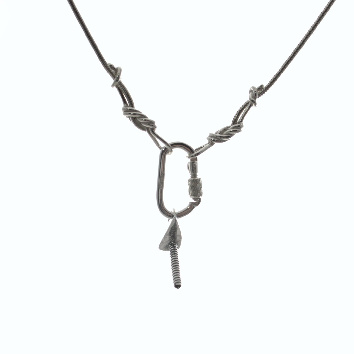 Climbing Rope Chain Necklace with Carabiner Clasp - Handmade in sterling silver and Ice Screw Pendant