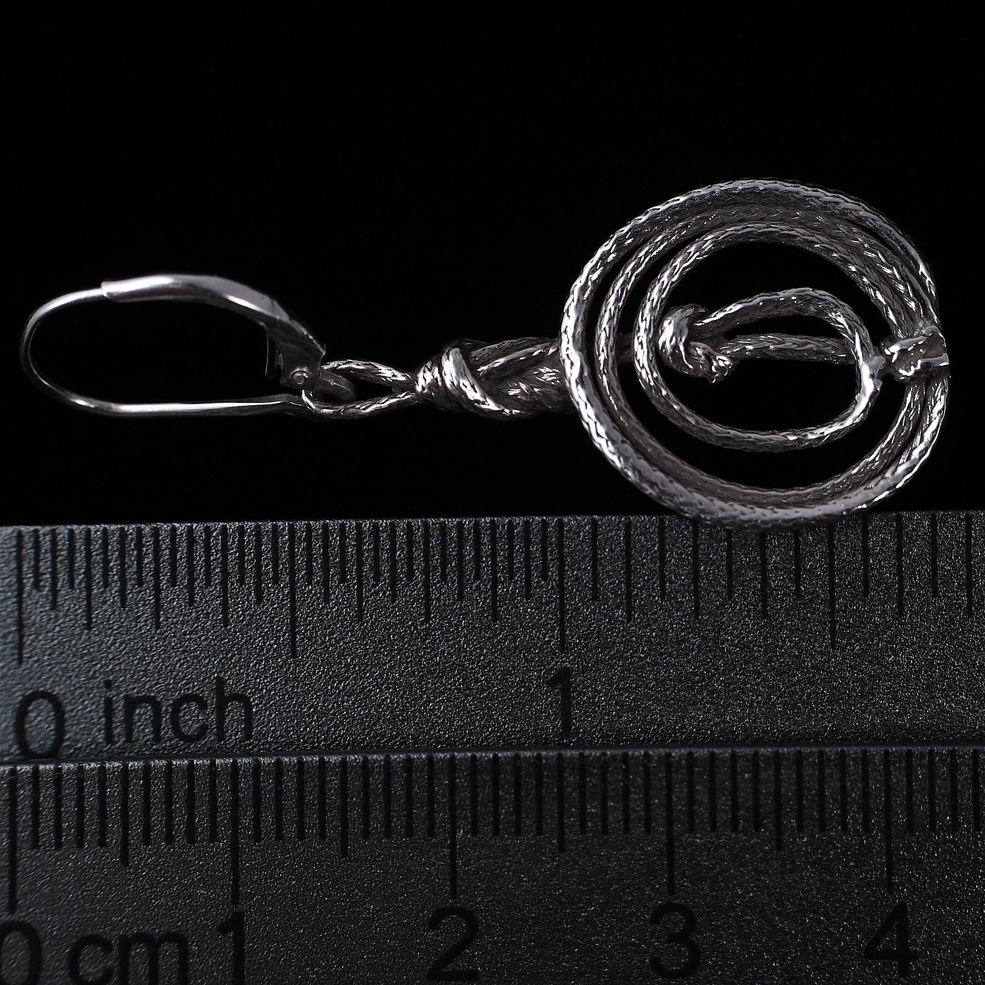 Climbing rope flat coil earring in solid sterling silver - measurements and detail