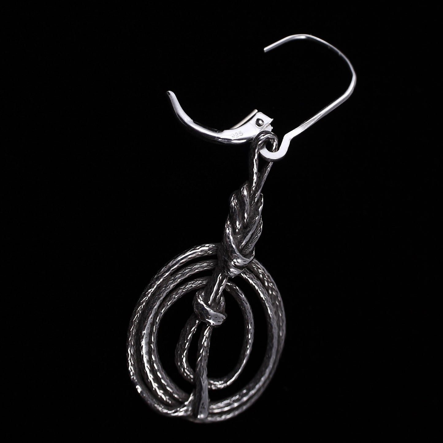 Climbing rope flat coil earring in solid sterling silver - shown with lever-back ear wire open