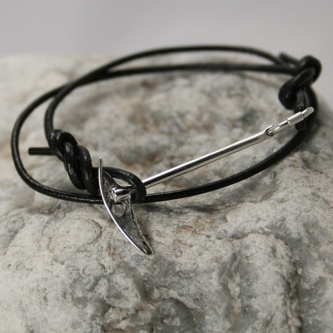 Mountaineering Ice Axe Bracelet with Tied Leather Figure 8 Knots - Handmade in sterling silver