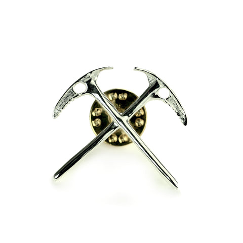climbers crossed ice axe lapel pin sterling silver - front view