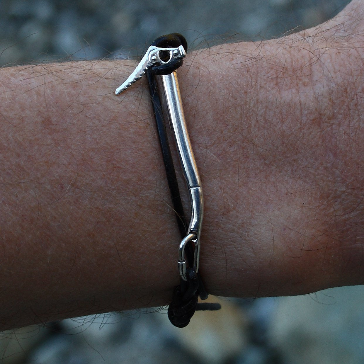 Ice Tool Ice Ax Knotted Leather Cord Bracelet - Handmade in sterling silver - Modeled