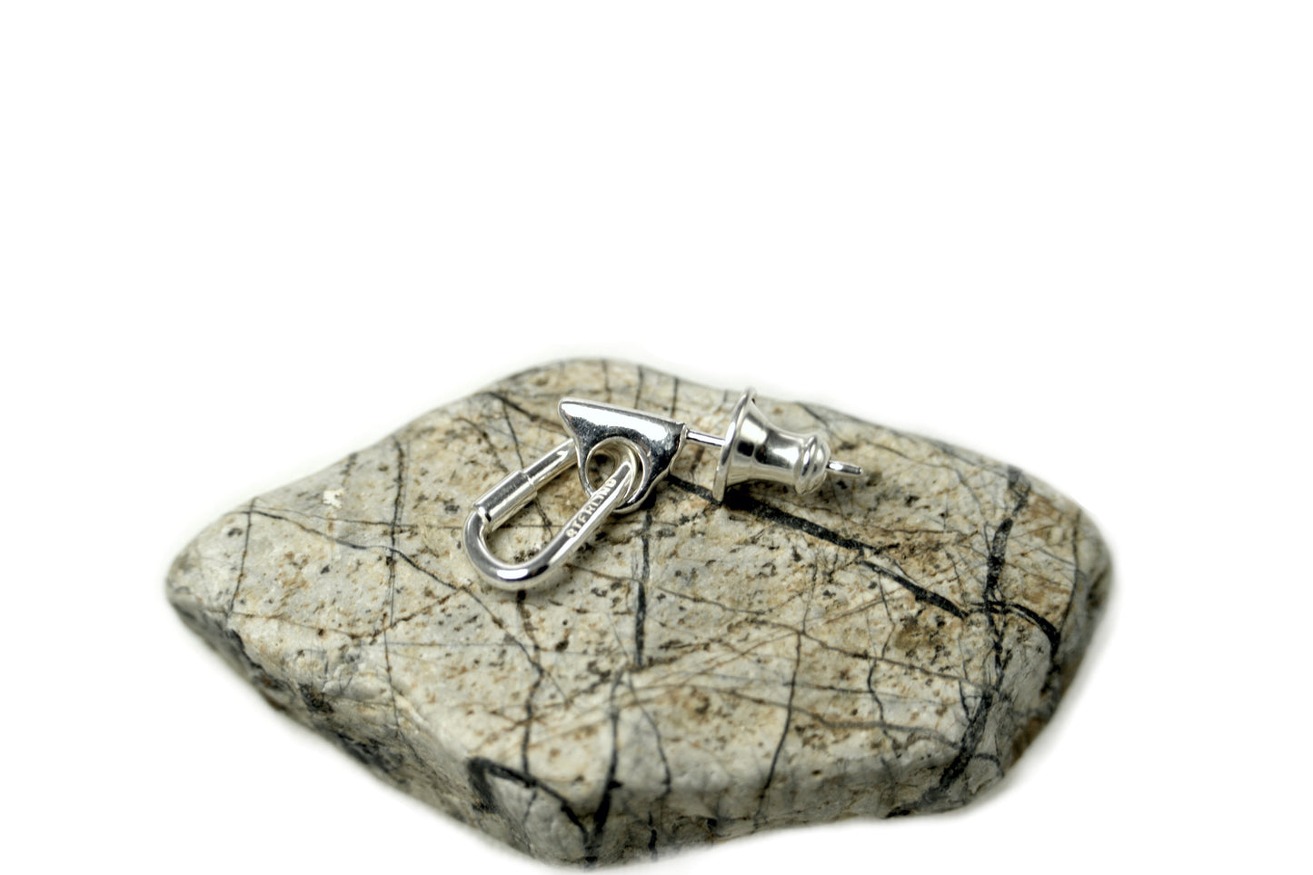 Piton with Carabiner Post Earrings - Handmade in sterling silver - Rock background