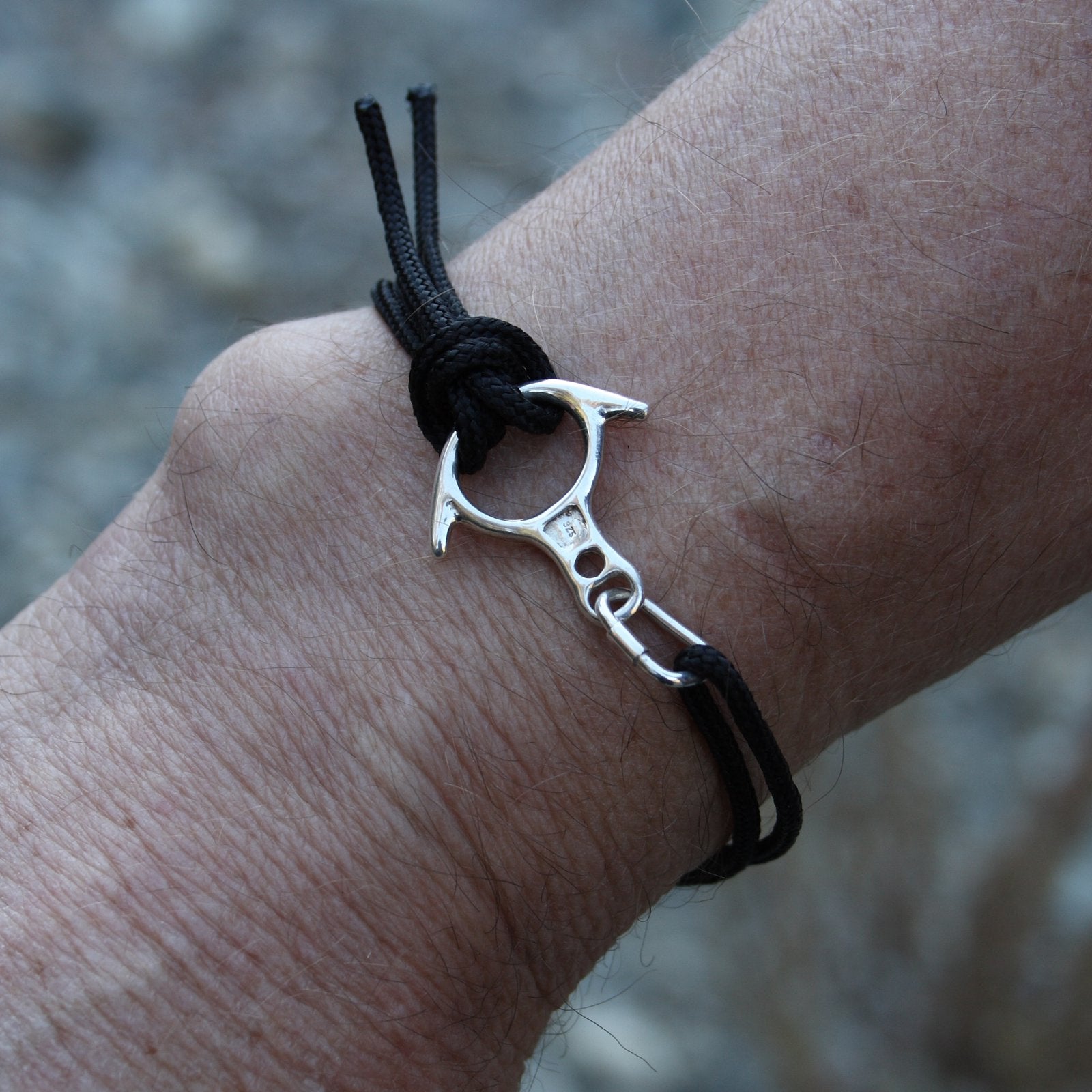 Rescue 8 Descender Nylon Cord Bracelet: - Handmade in sterling silver - Modeled on Wrist