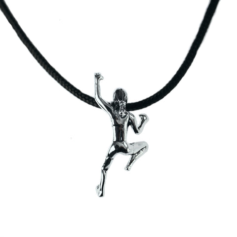 Climbing Girl Figurine Necklace - Handmade in sterling silver - shown on black nylon cord