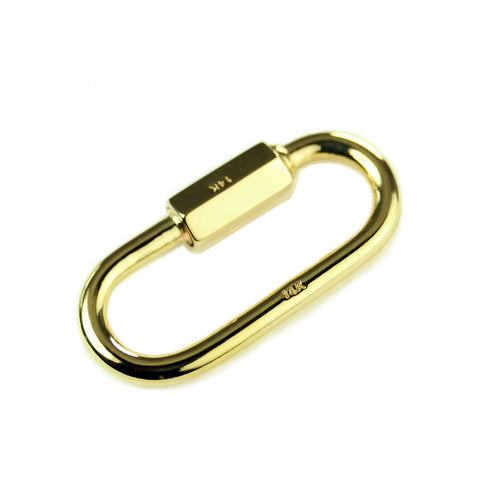 Solid 14 karat yellow gold miniature quick link lock carabiner closed position